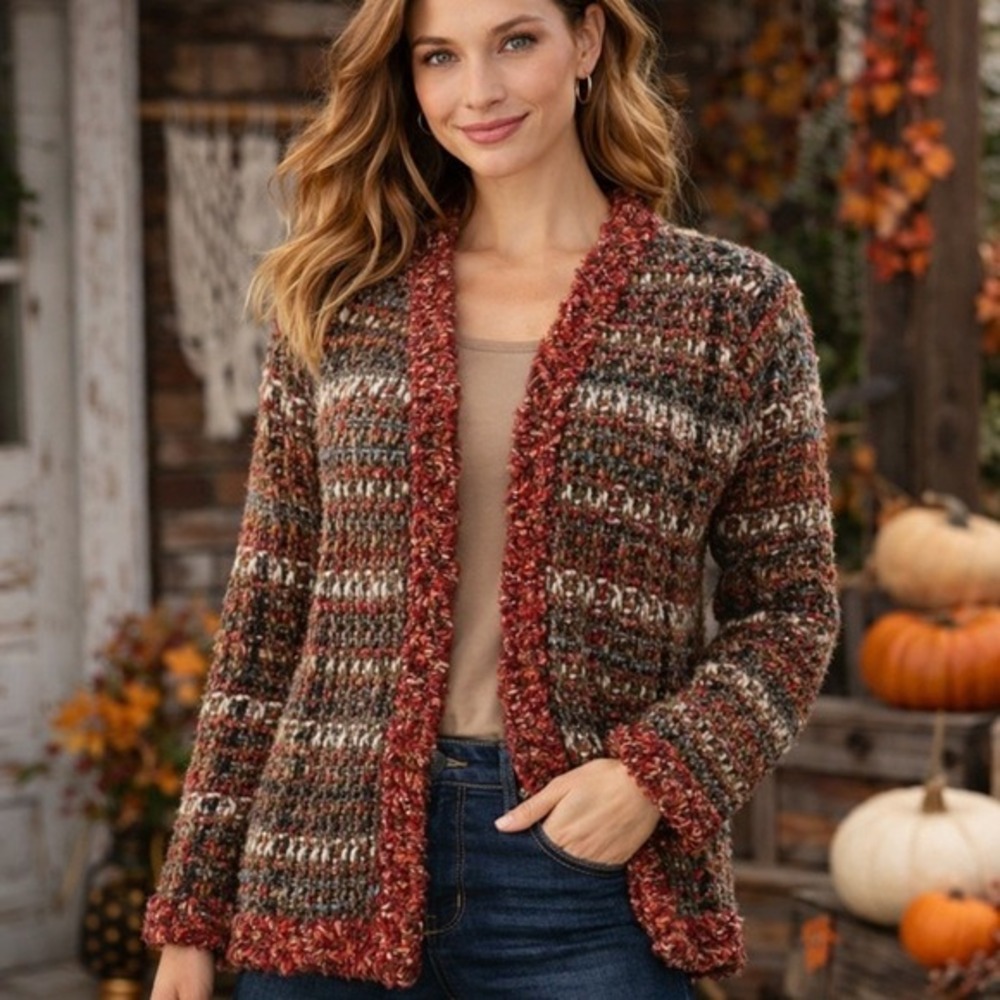 Curio Womens Large Open Front Cardigan Chunky Textured Knit Multicolor‎ Boho